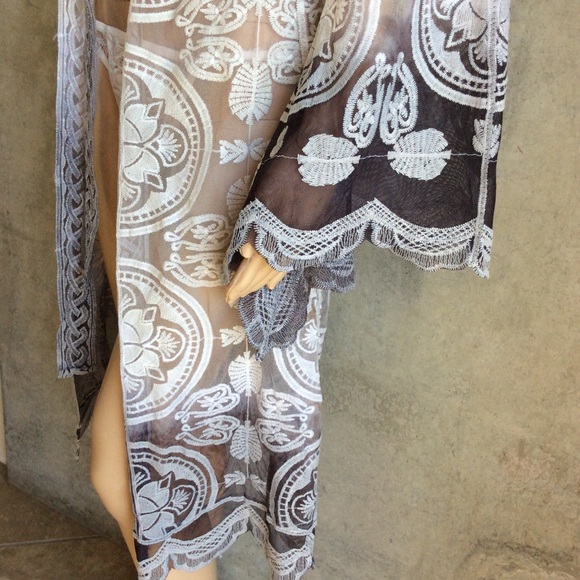 🌸 ROBE OMBRE LACE BELL SLEEVE KAFTAN DUSTER BOHO FESTIVAL BOHEMIAN MIDI KIMONO - Picture 6 of 8